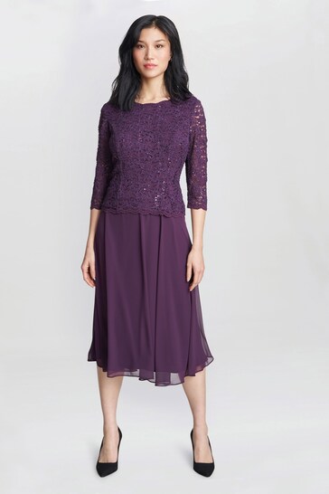 Gina Bacconi Purple Rona Midi Length Dress With Lace Bodice and Chiffon Skirt