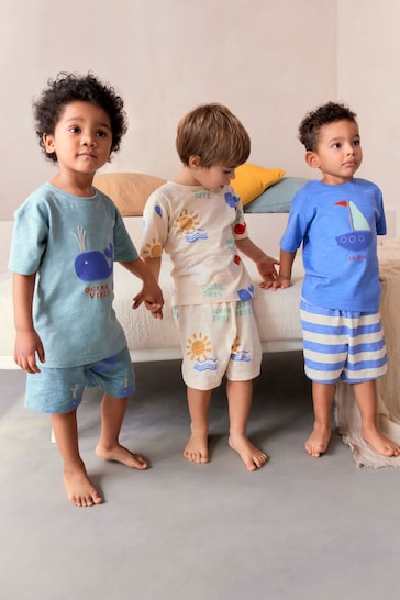 Blue/Cream/Green Whale Short Pyjamas 3 Pack (9mths-12yrs)