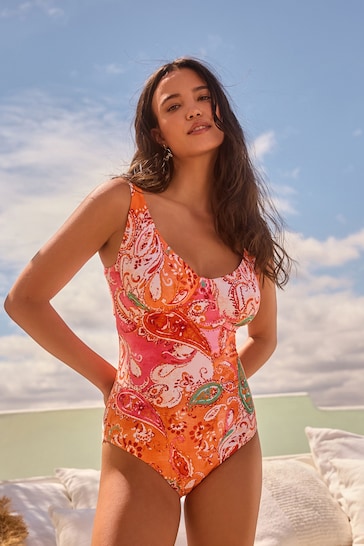 Orange/Pink Paisley Tummy Control DD+ Wired Swimsuit