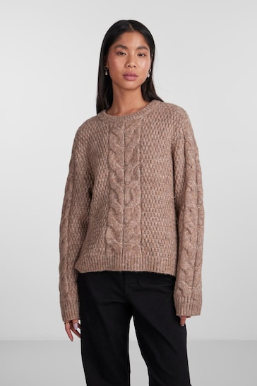 PIECES Brown Chunky Cable Knitted Jumper