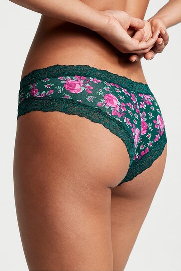 Victoria's Secret Black Ivy Green Moody Roses Posey Lace Trim Cotton Cheeky Knickers