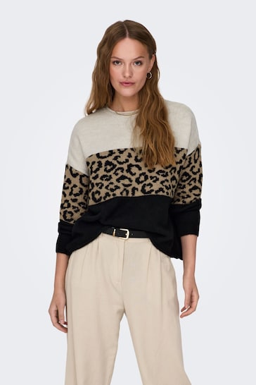 ONLY Cream Leopard Print Colourblock Knitted Jumper
