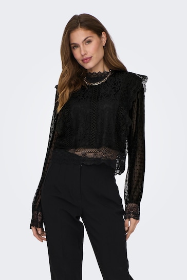 ONLY Black Lace Frill Mesh Blouse
