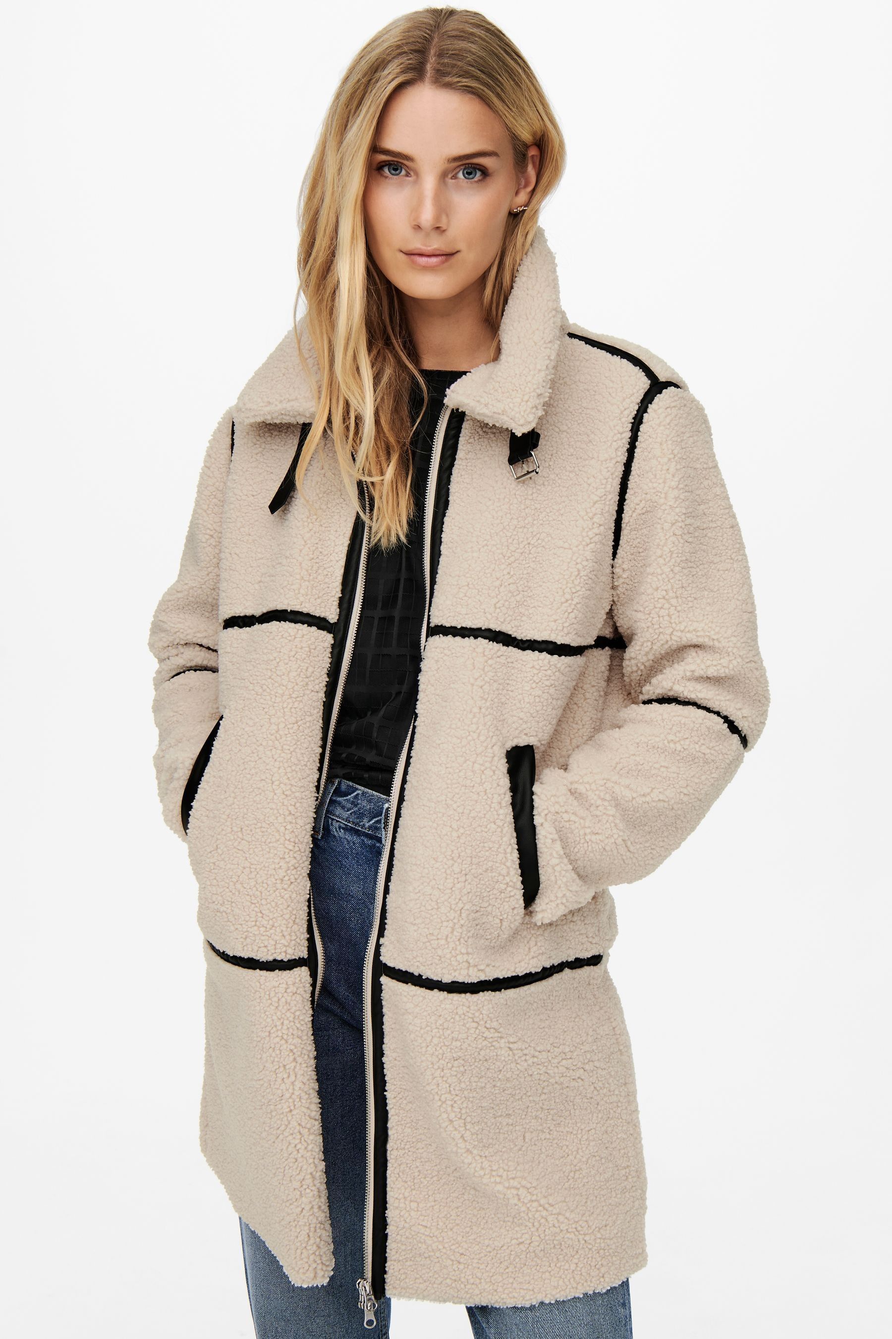 Buy JDY Cream Teddy Borg Longline Coat With Contrast Piping from