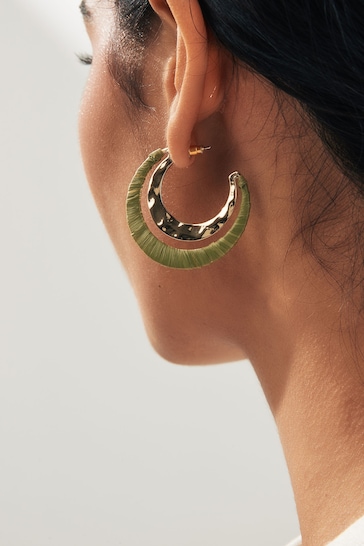 Green Raffia Wrapped Hoops Earrings