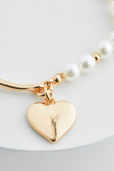 Gold Tone Heart Drop Pearl Bracelet