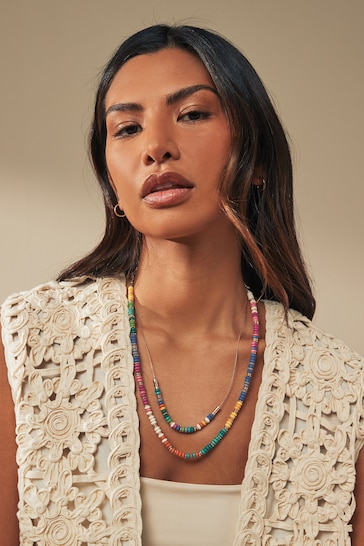 Multi Coloured Beaded Double Row Long Necklace
