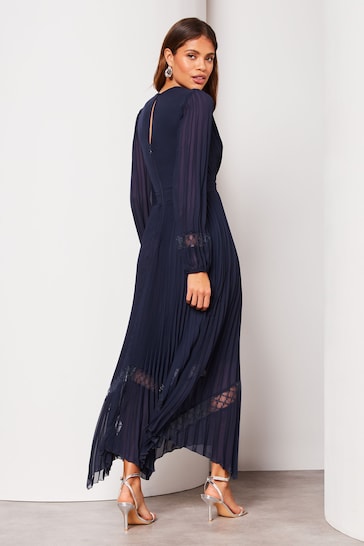 Lipsy Navy Blue Petite Long Sleeve Pleated Lace V Neck Midi Dress