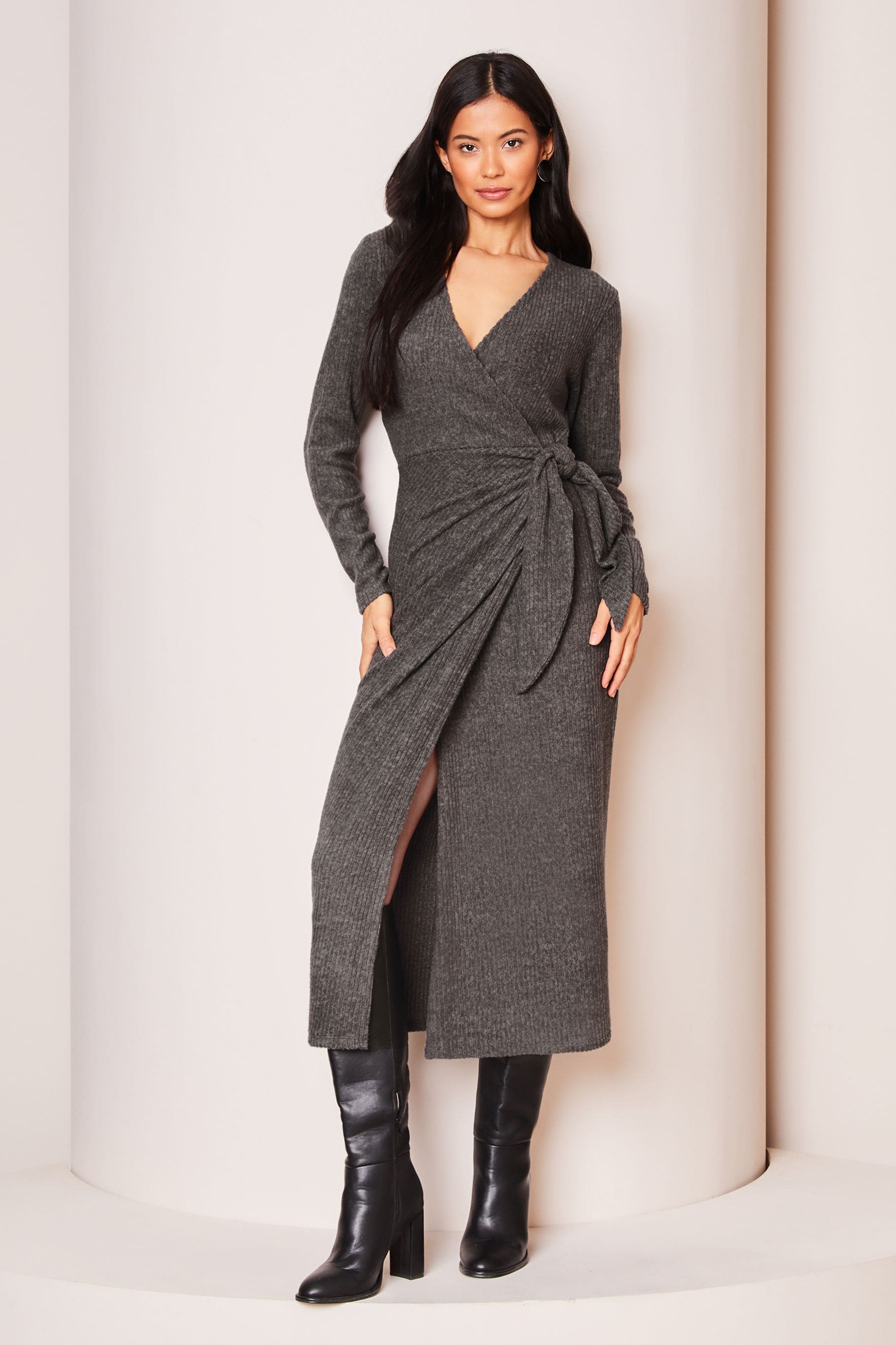 Buy Lipsy Grey Long Sleeve Cosy Tie Side Wrap Midi Jumper Dress