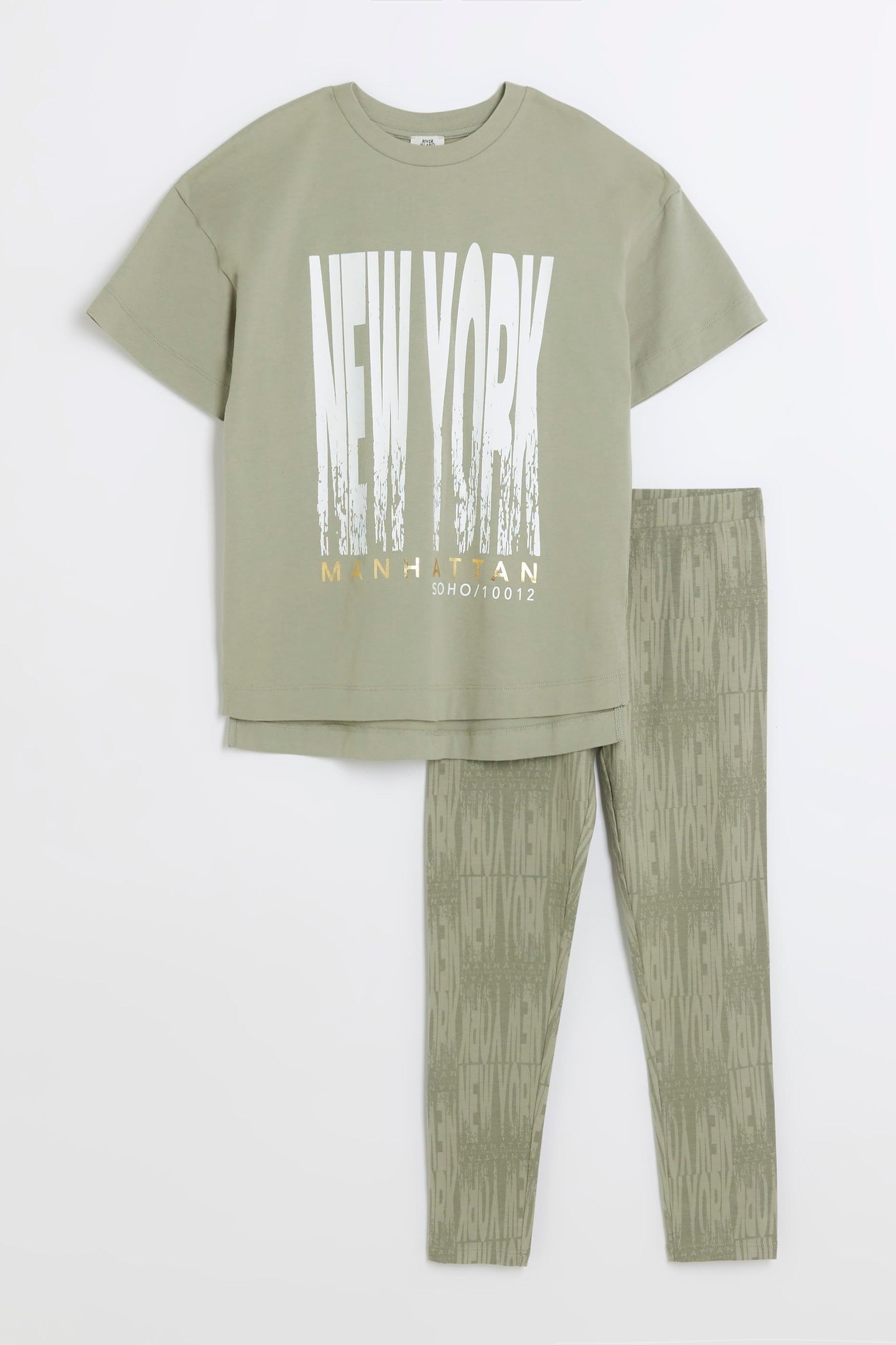 Buy River Island Green Girls New York Graphic T Shirt Set from the
