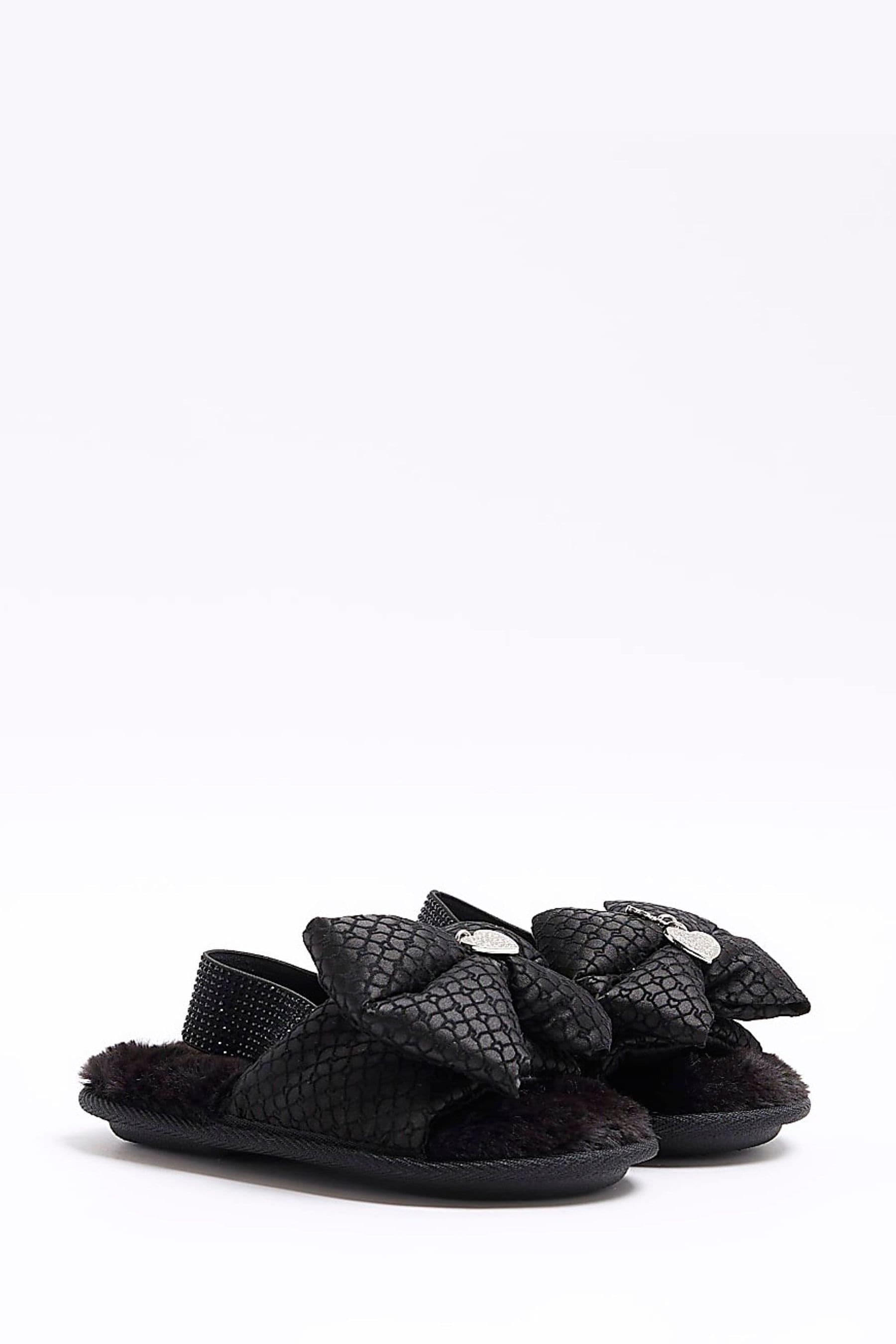 River Island Black Bow Monogram Girls Slippers