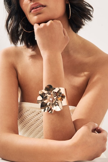 Gold Tone Floral Corsage Statement Cuff Bracelet