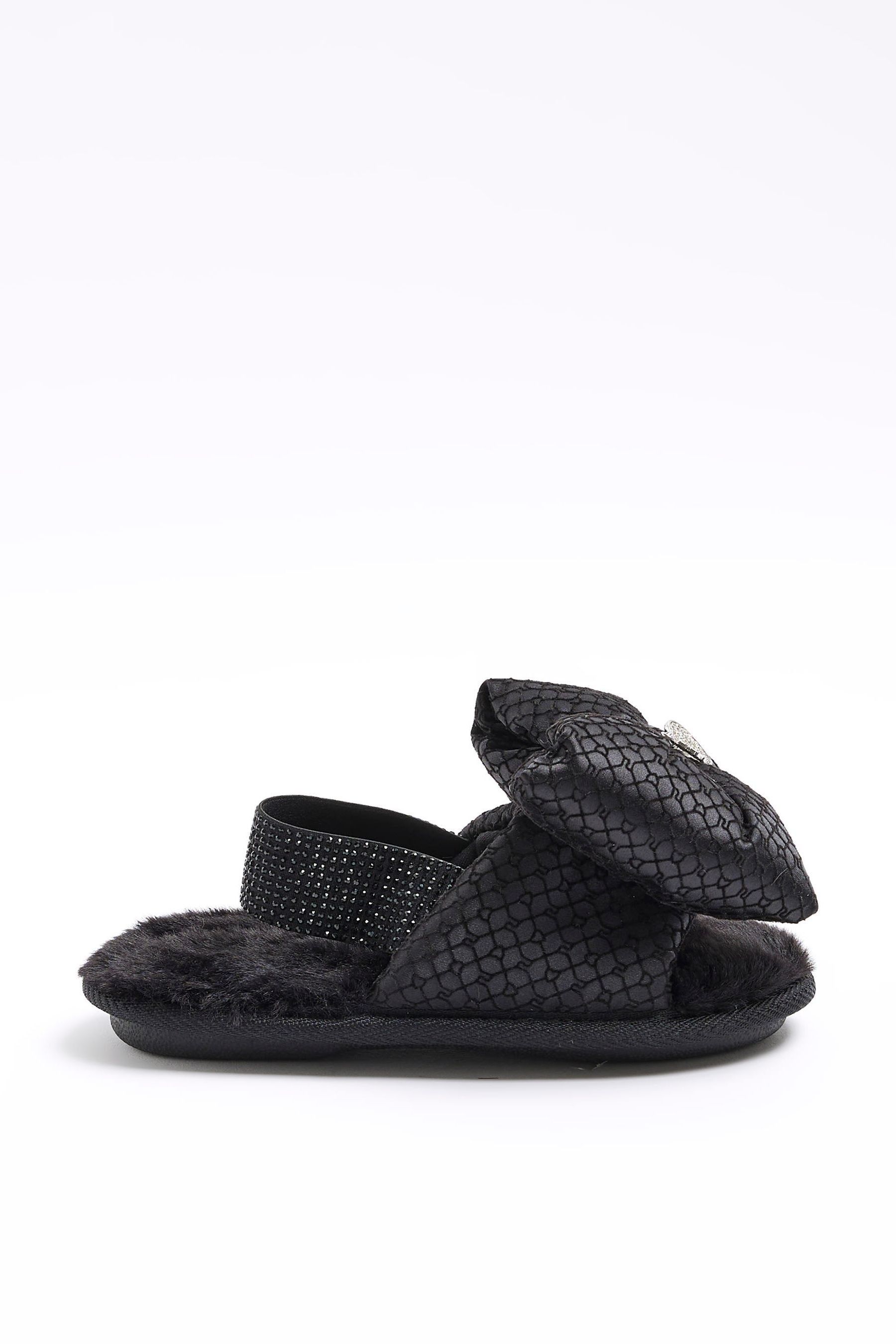 Buy River Island Black Girls Faux Fur Pearl Diamonte Slippers from