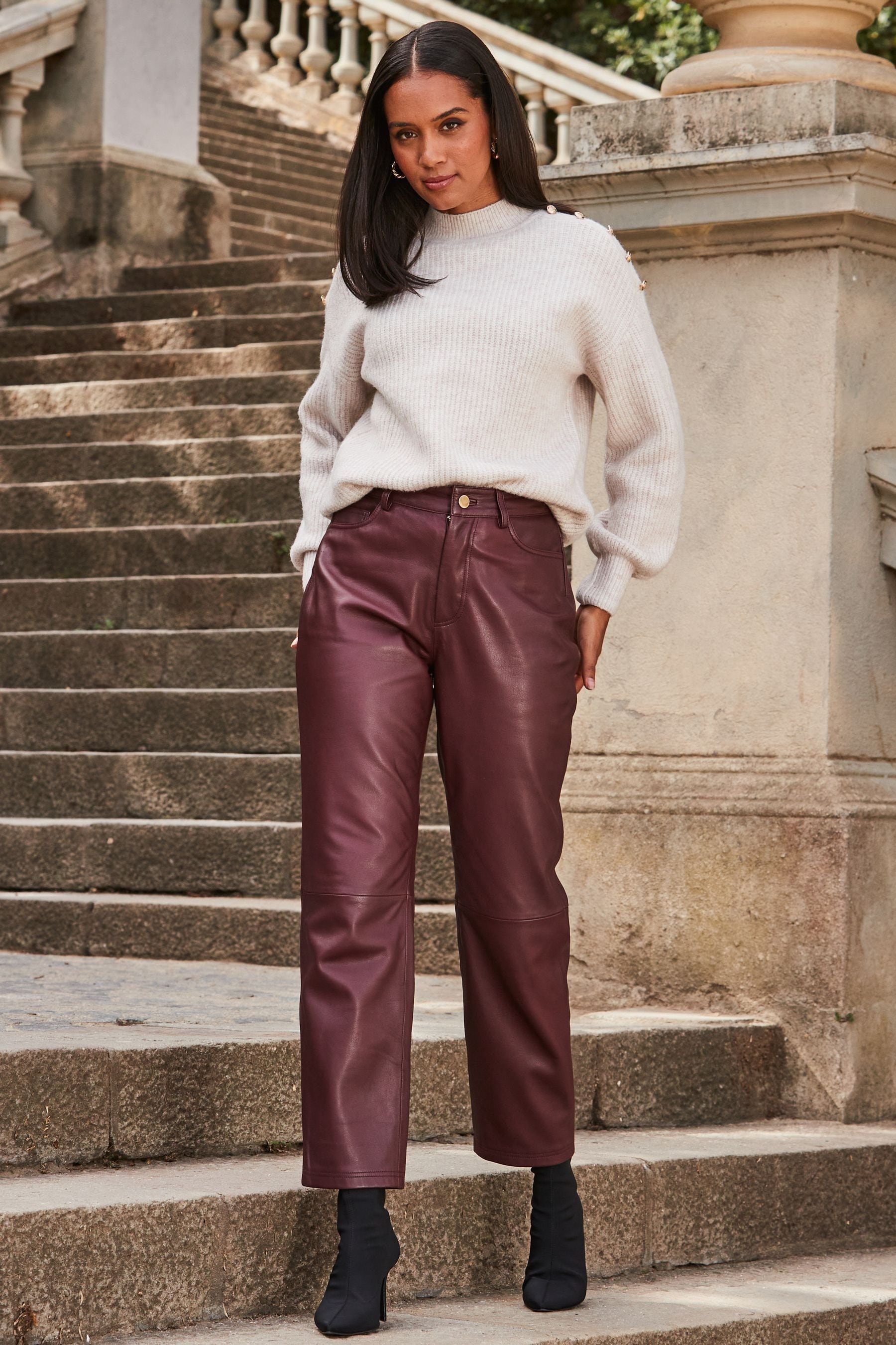 Burgundy leather trousers uk sale