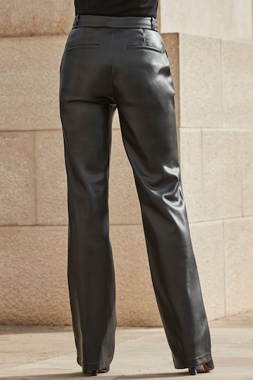Sosandar Black Slim Wide Leg Faux Leather Trousers