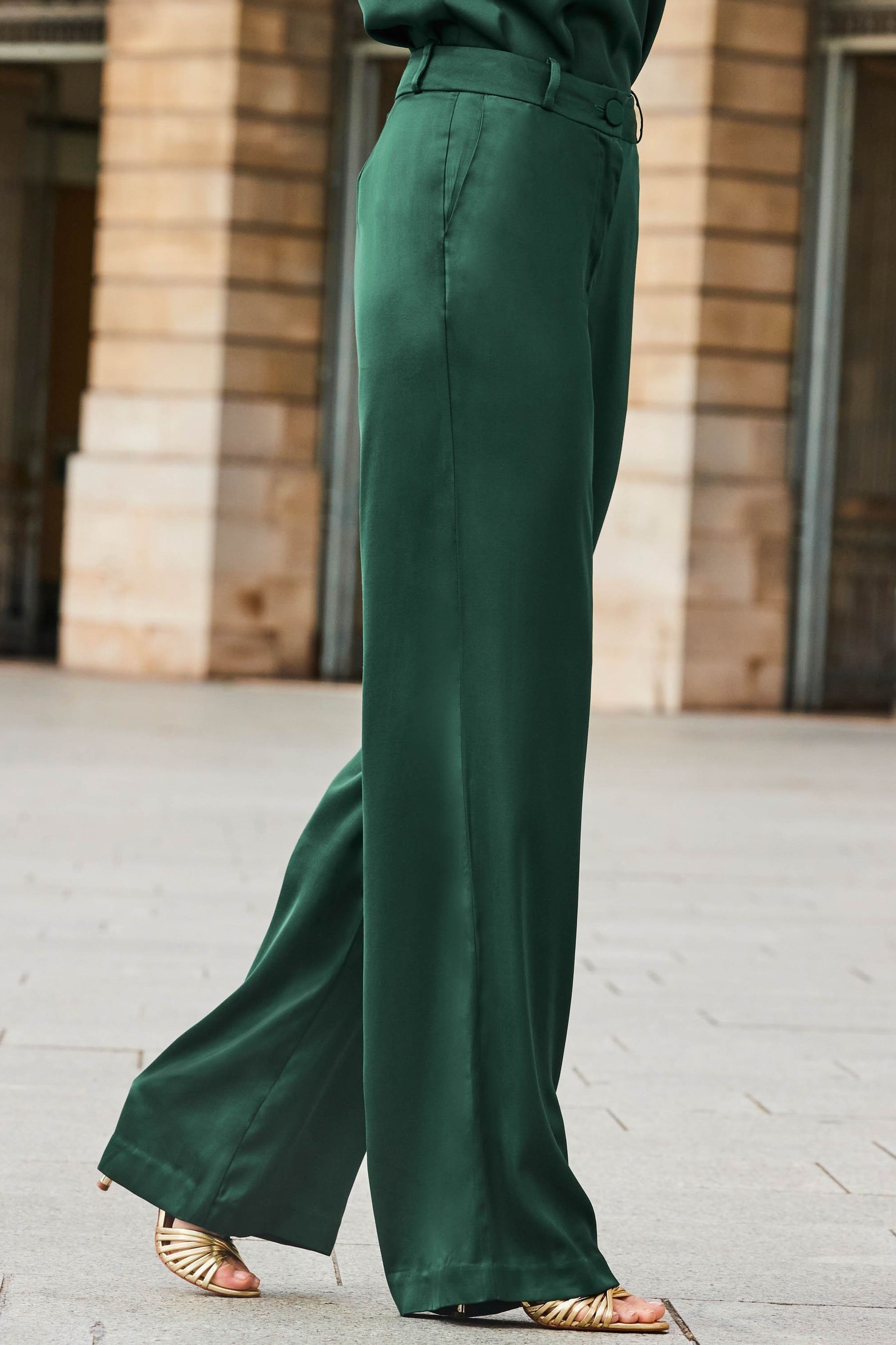 Sosandar Green Satin Wide Leg Trousers