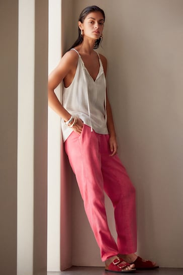 Pink Linen Blend Taper Trousers