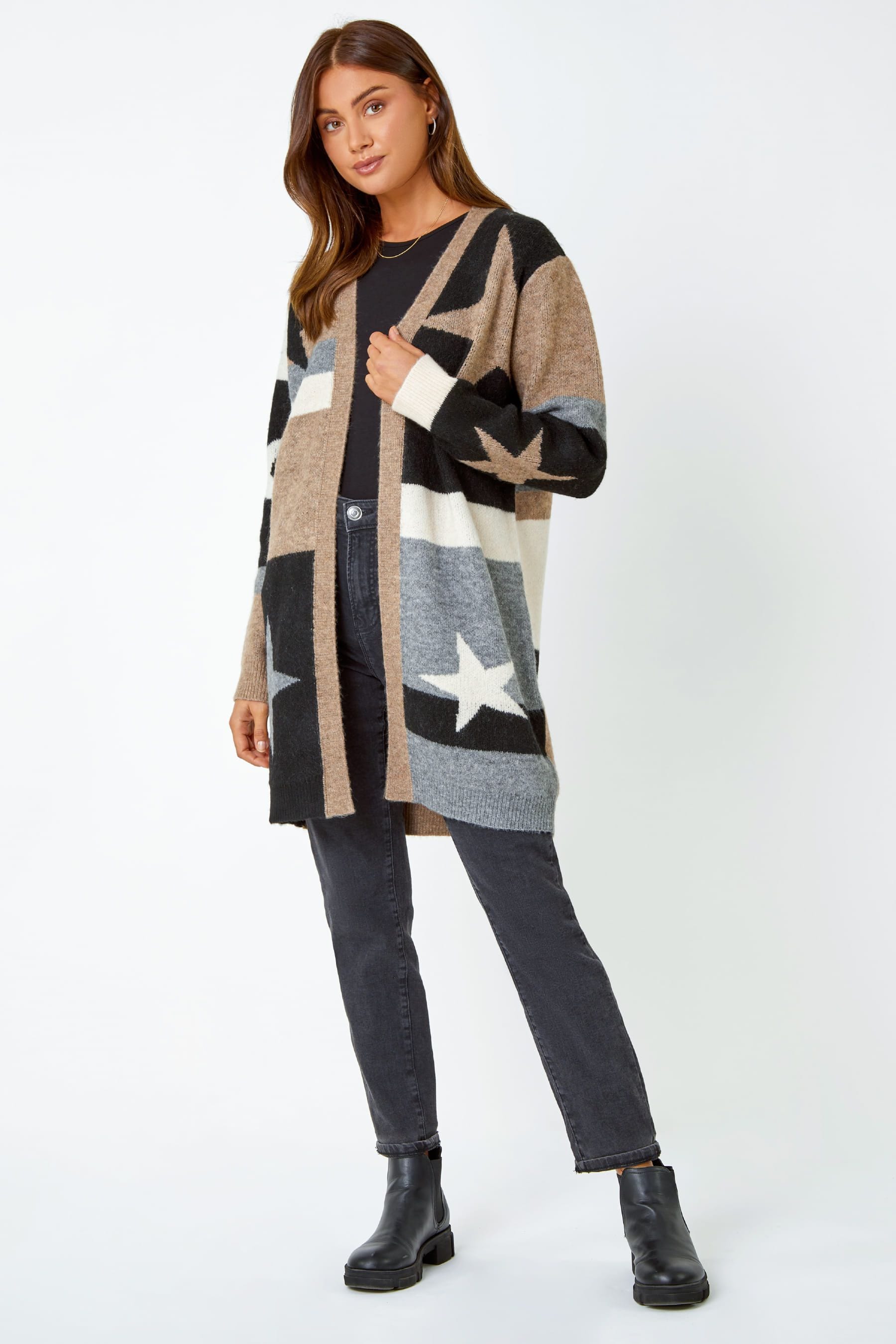 Roman Natural Colour Block Star Longline Cardigan