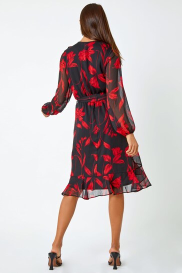 Roman Red Floral Chiffon Frill Wrap Dress