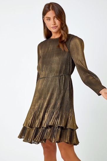Roman Metallic Plisse Shimmer Tiered Mini Dress