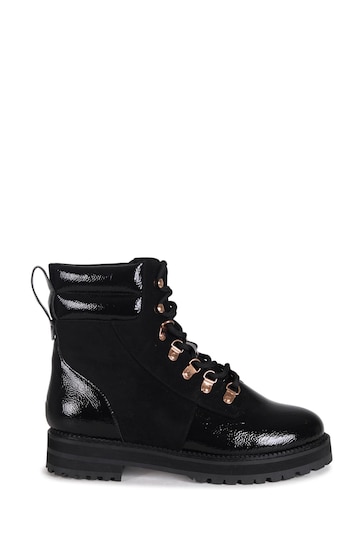 Linzi Black Astrid Military Boots With Shearling Detail and Gold Eyelets