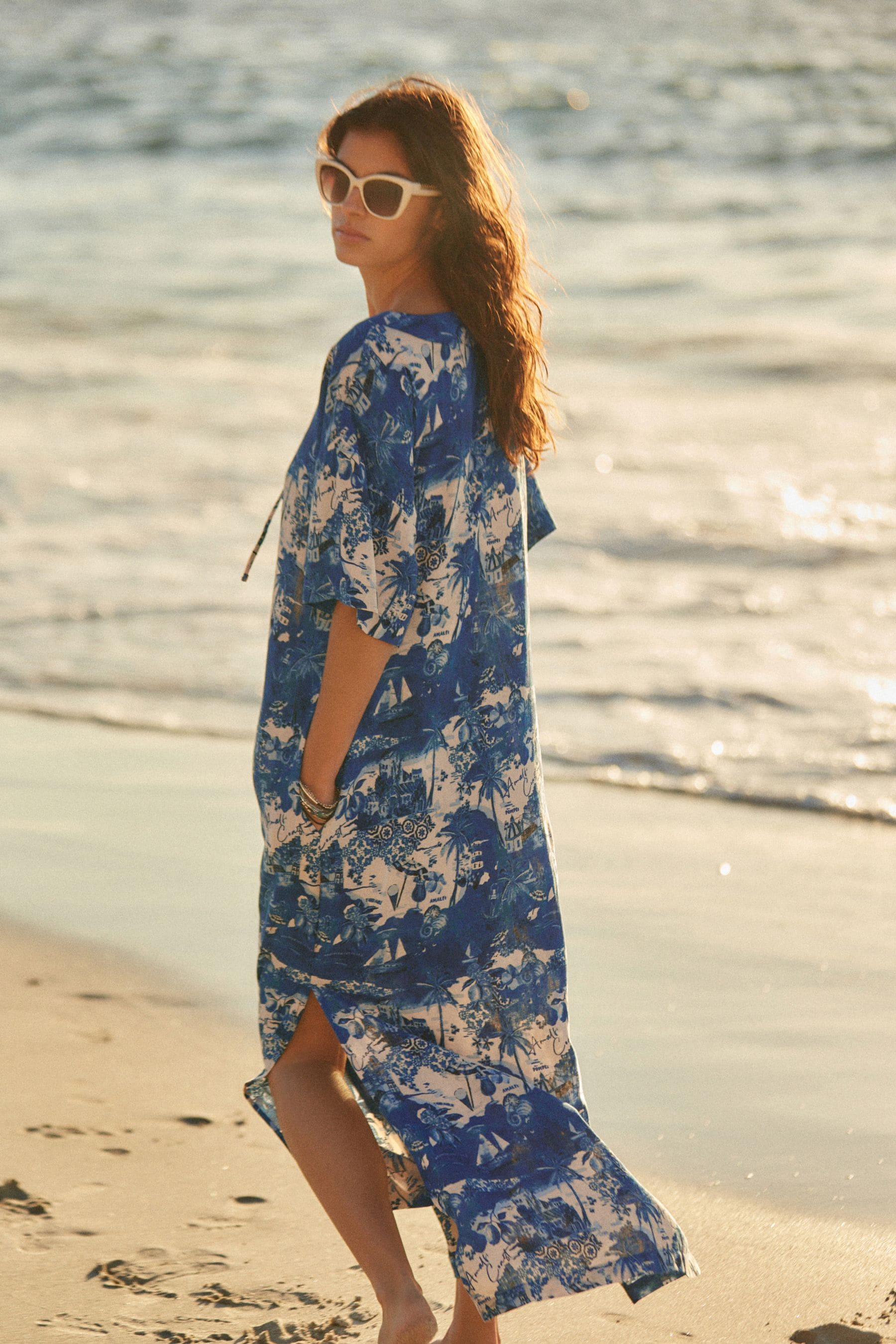 Buy Blue White Summer Maxi Kaftan Dress With Linen from the Next UK online shop