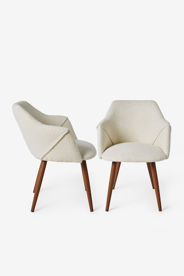 MADE.COM Set of 2 White Boucle and Walnut Legs Lule Arm Dining Chairs