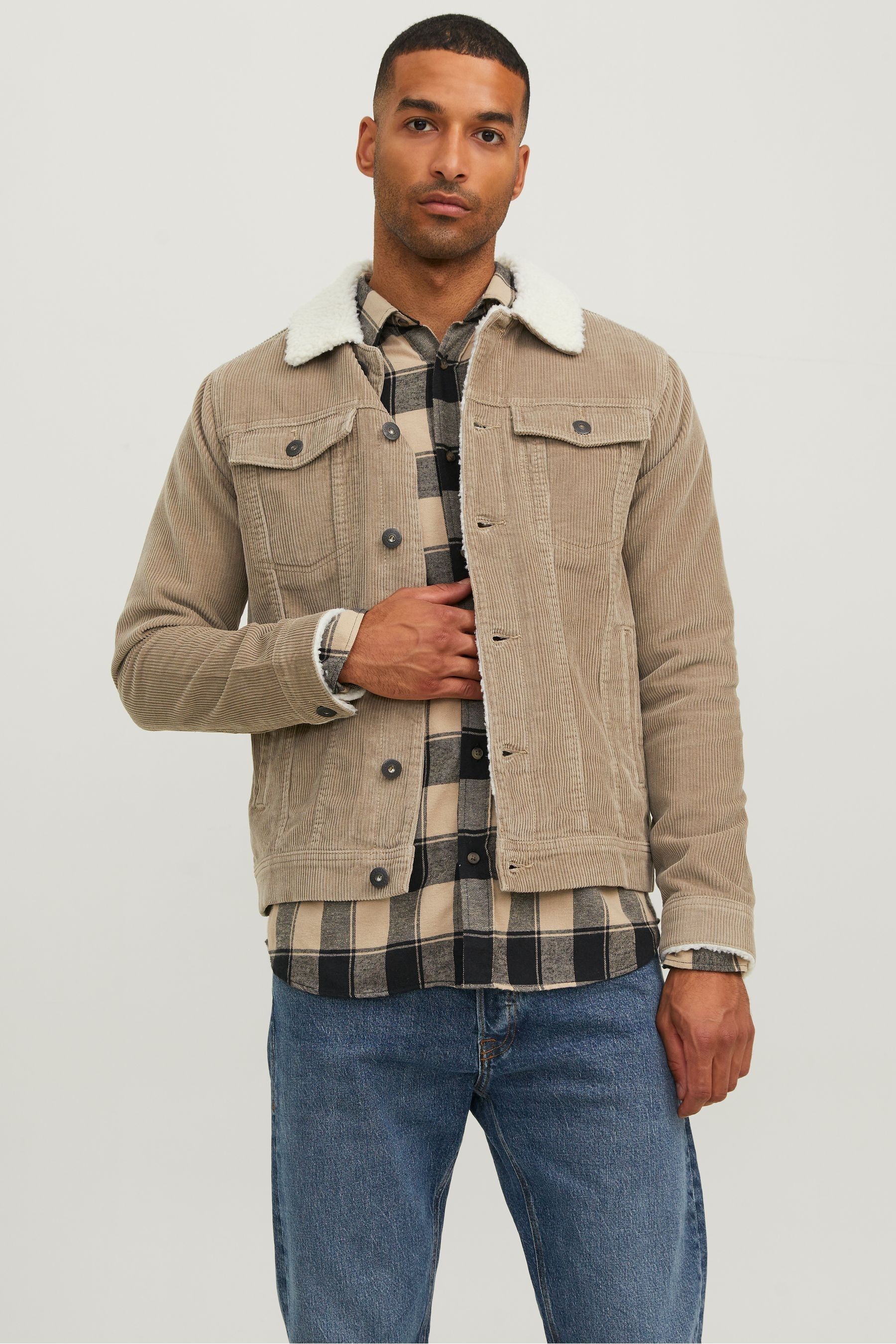 Buy JACK JONES Brown Cord Trucker Jacket With Borg Collar from
