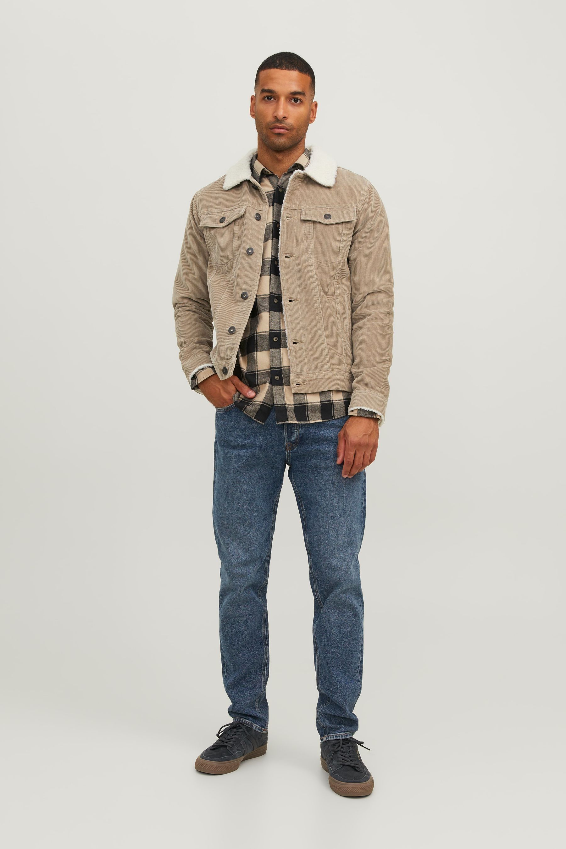 Buy JACK JONES Brown Cord Trucker Jacket With Borg Collar from