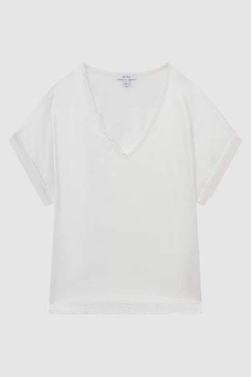 Reiss Ivory Natalia Silk-Front V-Neck T-Shirt