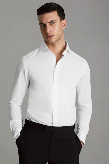 Reiss White Nate Cutaway Collar Jersey Slim Fit Shirt