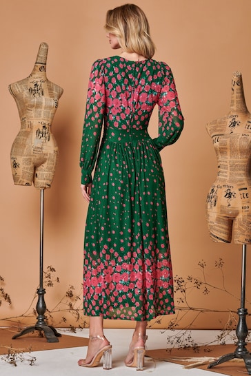 Jolie Moi Green Symmetrical Print Mesh Maxi Dress
