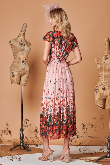 Jolie Moi Pink Symmetrical Floral Print Mesh Maxi Dress