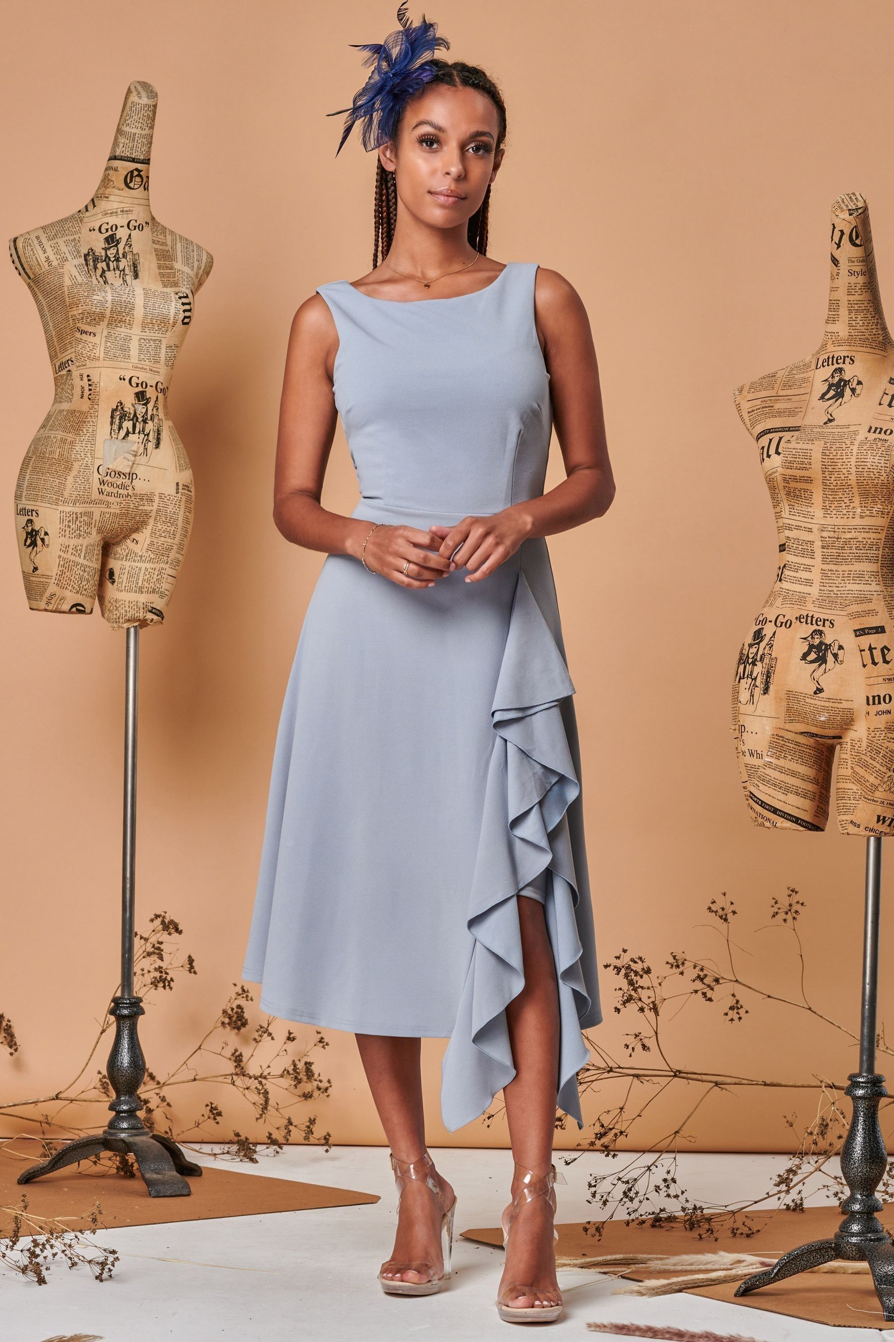 Buy Jolie Moi Blue Fit Flare Ruffle Detail Midi Dress from the