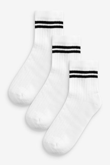 White Black Stripe Mid Length Cotton Rich Cushioned Sole Ankle Socks 3 Pack