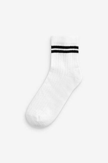 White Black Stripe Mid Length Cotton Rich Cushioned Sole Ankle Socks 3 Pack
