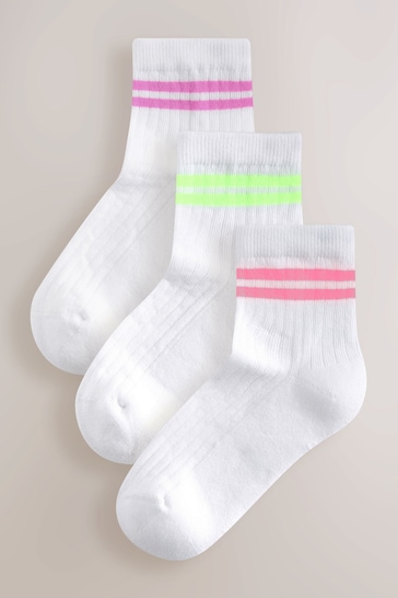 White with fluorescent stripe Mid Length Cotton Rich Cushioned Sole Ankle Socks 3 Pack