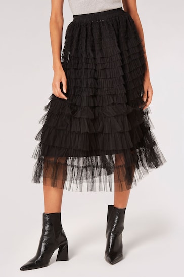 Apricot Black Tulle Layered Midi Skirt