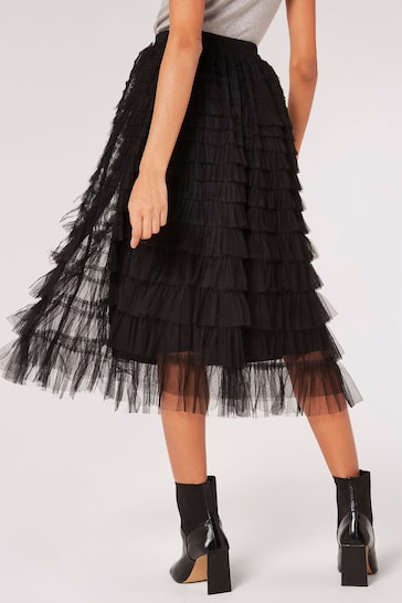Apricot Black Tulle Layered Midi Skirt