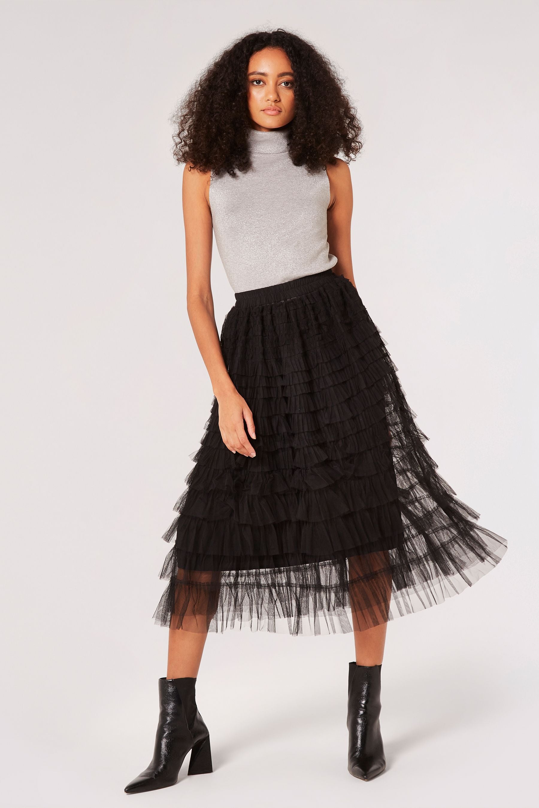 Apricot Black Tulle Layered Midi Skirt