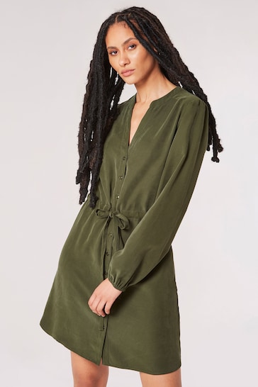 Apricot Green Twill Tie Thru Shirt Dress