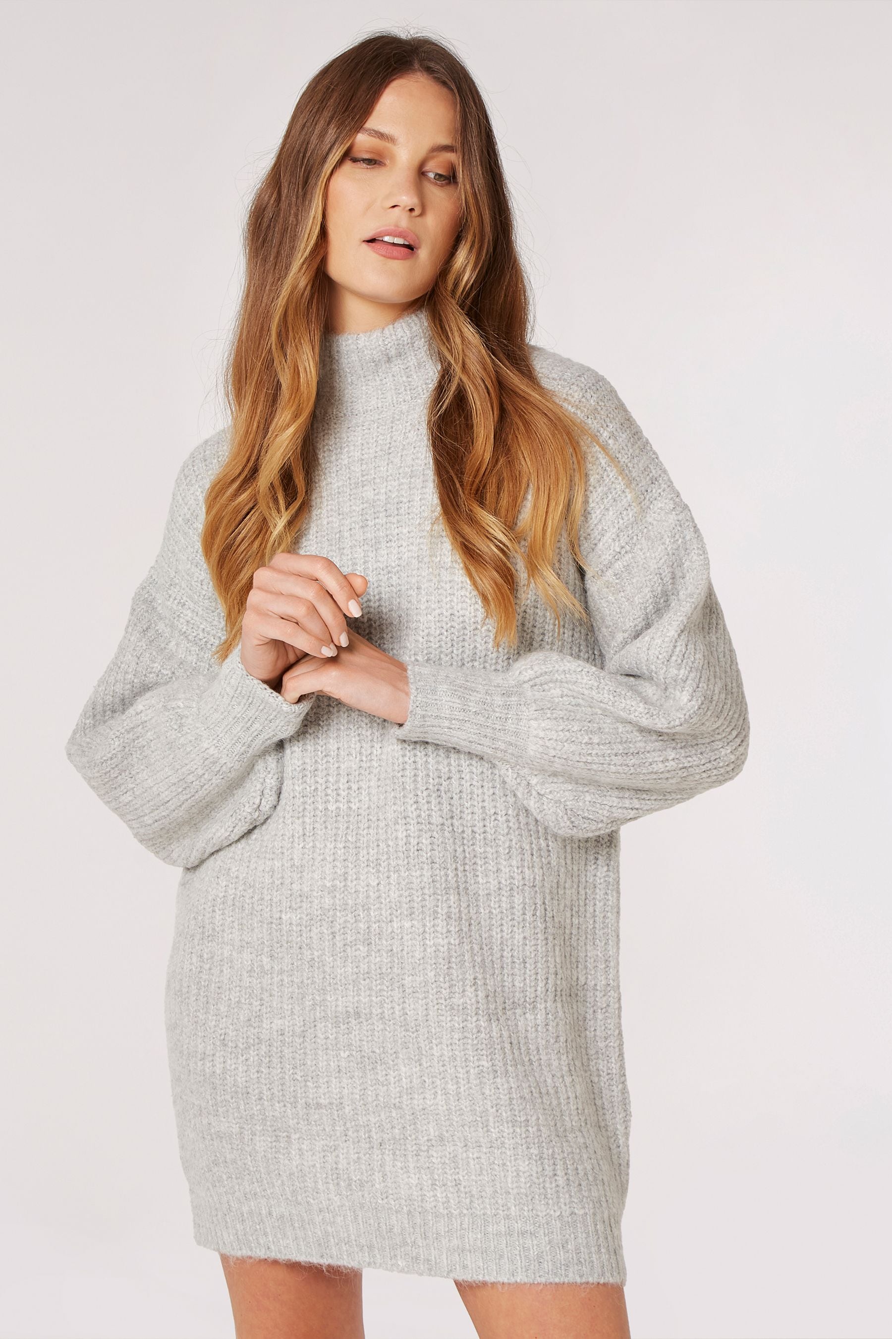 Buy Apricot Grey Chunky Knit Puff Sleeve Jumper Dress from the
