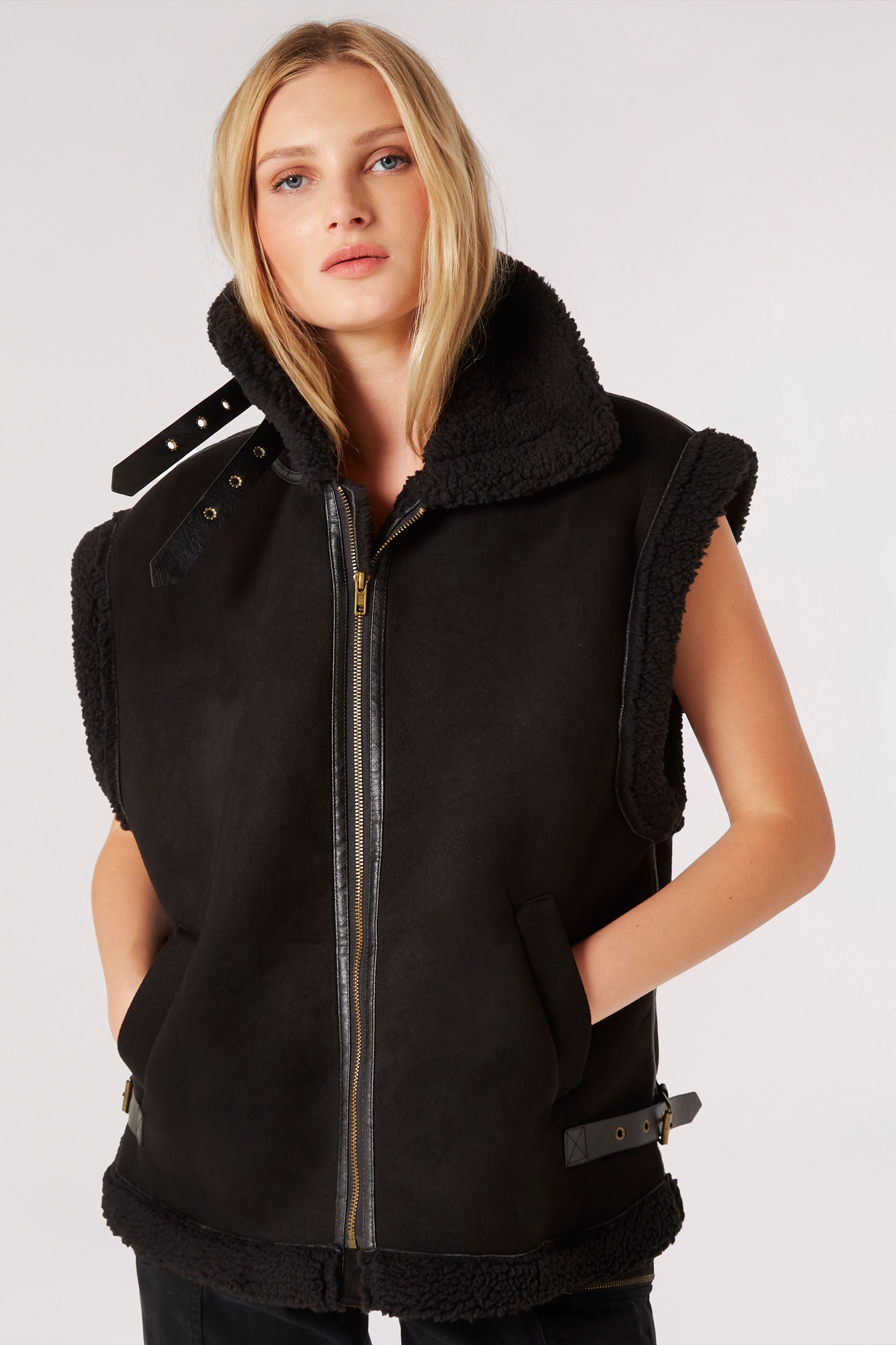 Buy Apricot Black Borg Lined Faux Fur Suede Aviator Gilet from the