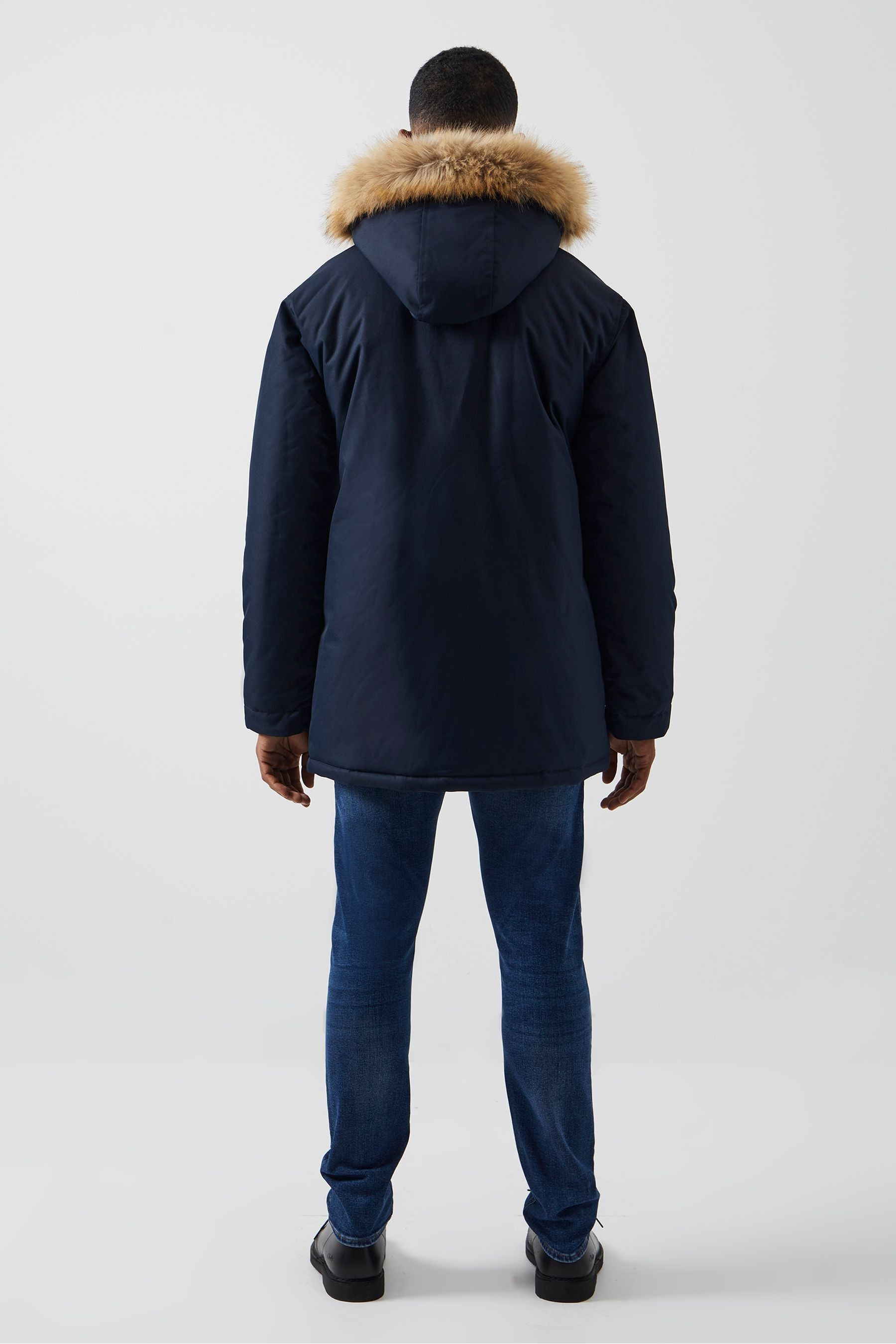 Buy French Connection Blue Faux Fur Trim Long Length Parka Coat