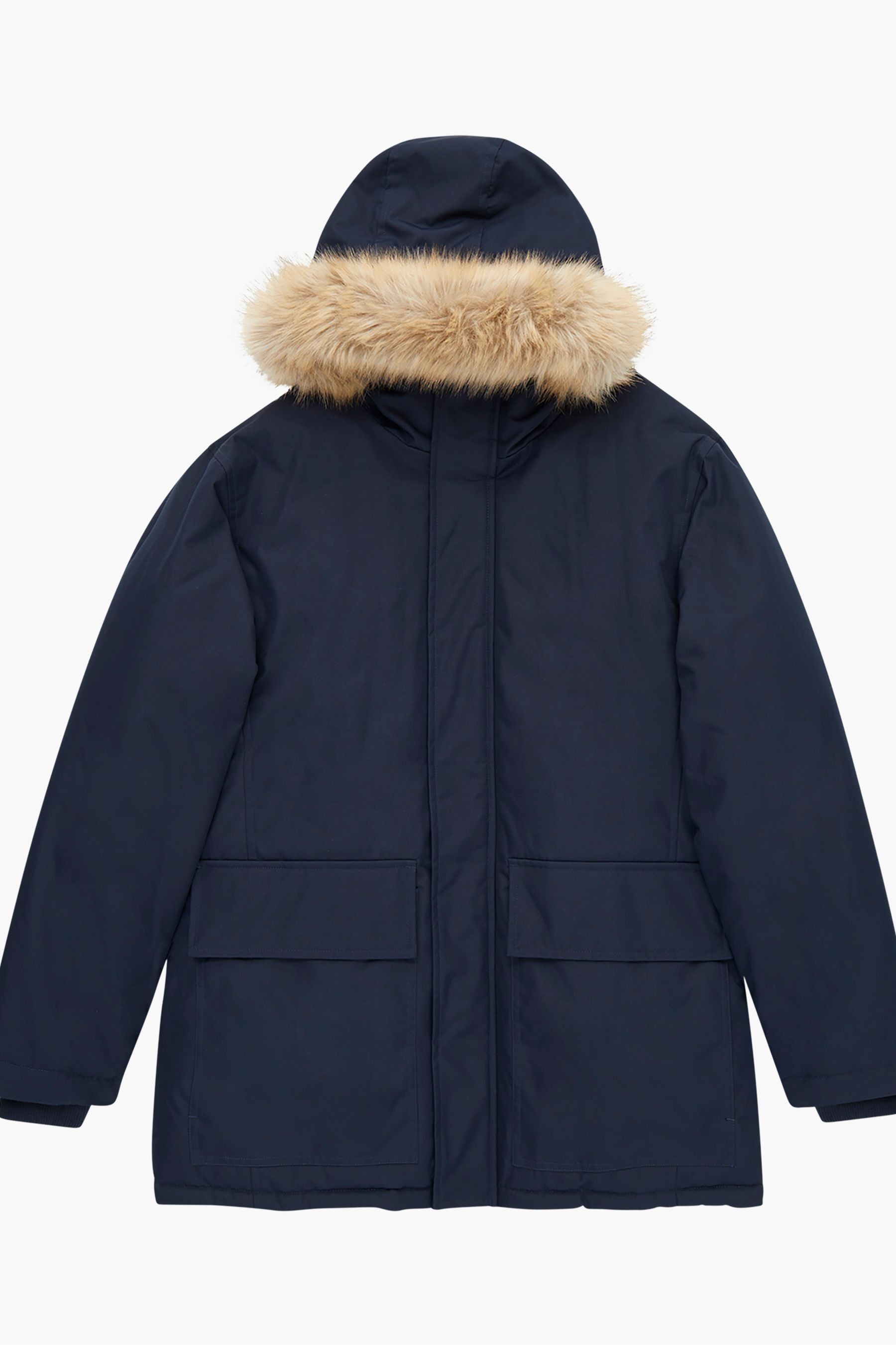 Buy French Connection Blue Faux Fur Trim Long Length Parka Coat