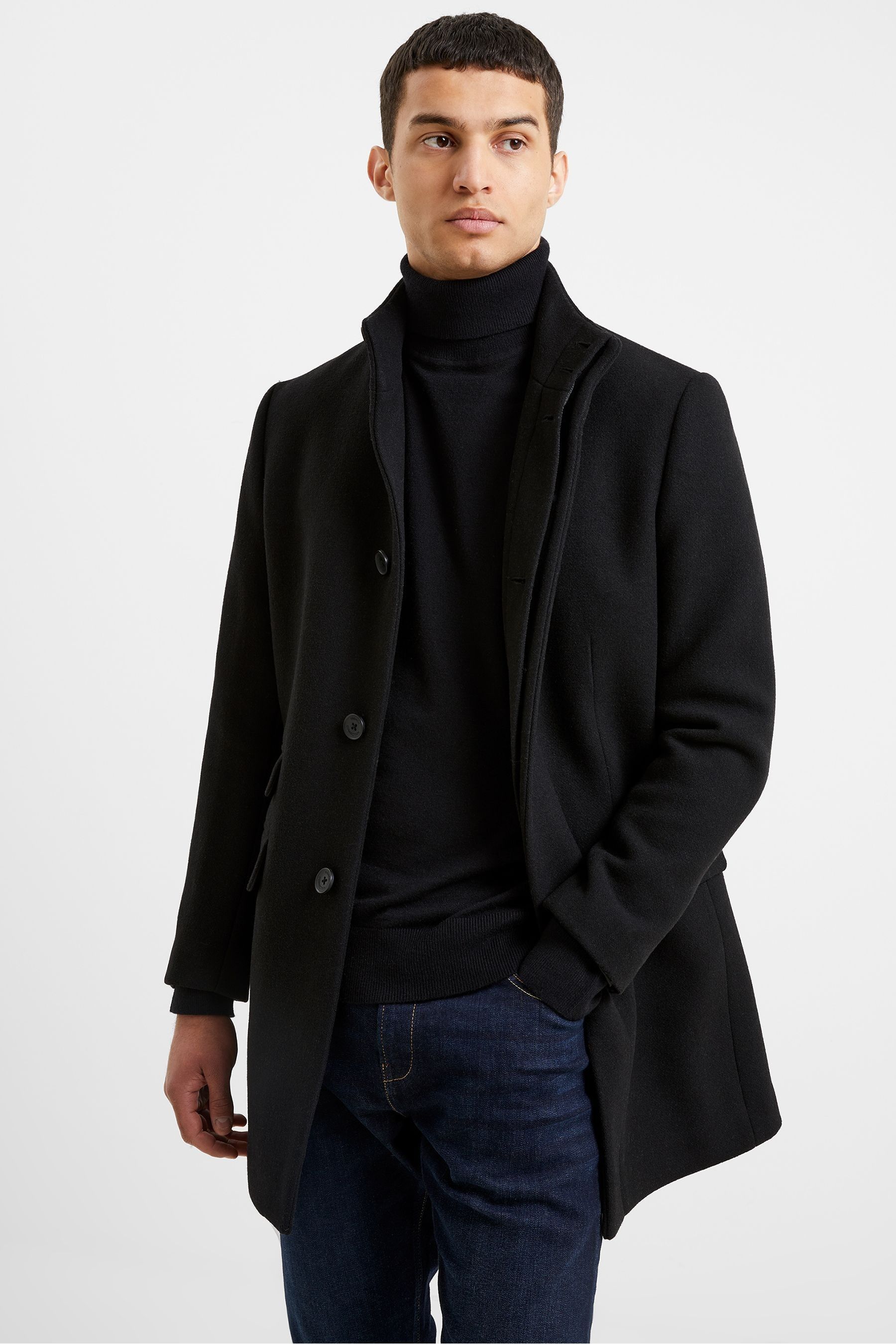 French Connection Black Funnel Neck Mid Length Coat