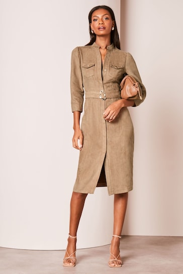 Lipsy Tan Suedette Collarless 3/4 Sleeve Belted Shirt Dress