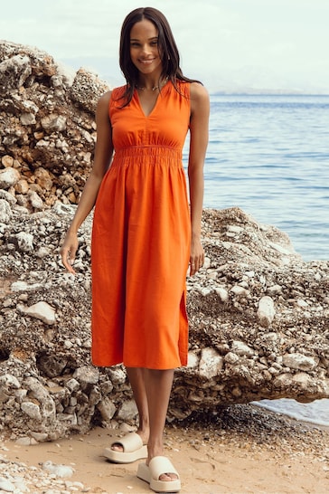 Threadbare Orange Linen Blend V-Neck Sleeveless Ruched Midi Dress