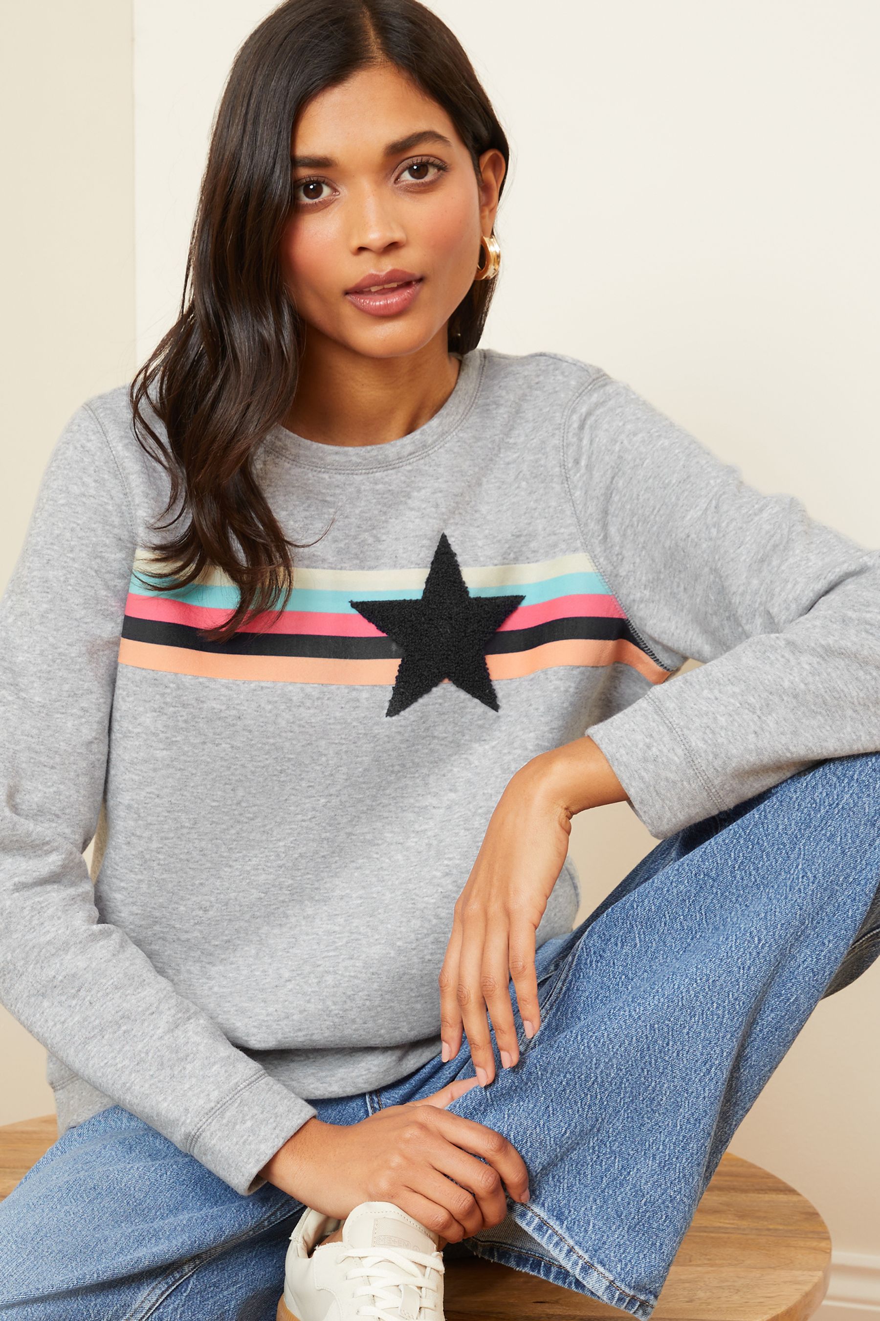 Grey sweatshirt store with rainbow stripes