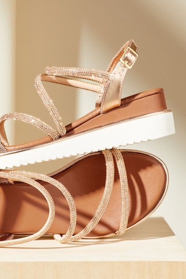 Friends Like These Rose Gold Comfort Asymmetric Embellished Strappy Wedge Sandal